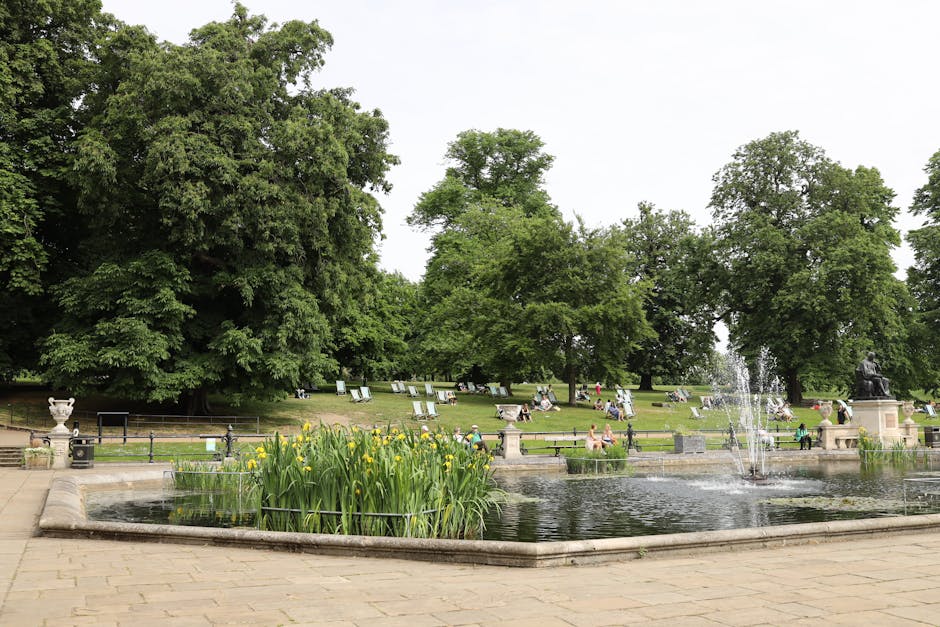 An outdoor scene of a park with a large rectangular pond at the foreground, surrounded by a paved walkway. In the pond, there are tall yellow iris plants growing along the edge and a small fountain shooting water into the air. The park is bordered by a black metal railing with decorative stone posts, and beyond it, there are several large, mature trees with dense green foliage providing shade. People are sitting on benches and lounging on the grass, some near the trees. The scene is well-lit, indicating daytime with natural light, and the park appears to be a peaceful, open space suitable for leisure activities, often visited during home relocations or moving logistics to relax. Removal Companies Hampstead may utilize such parks for community engagement or for their clients' brief outdoor breaks during packing and moving processes.
